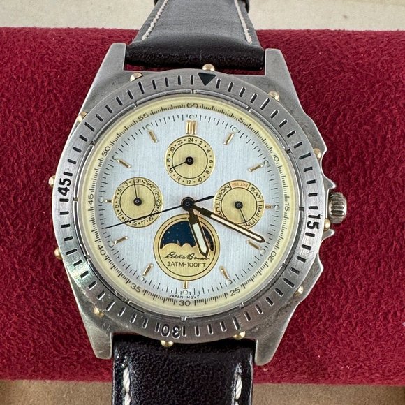 Vintage Eddie Bauer Moon Phase 2 Tone Gold Watch 3 Sub Dials Day Date 24HR